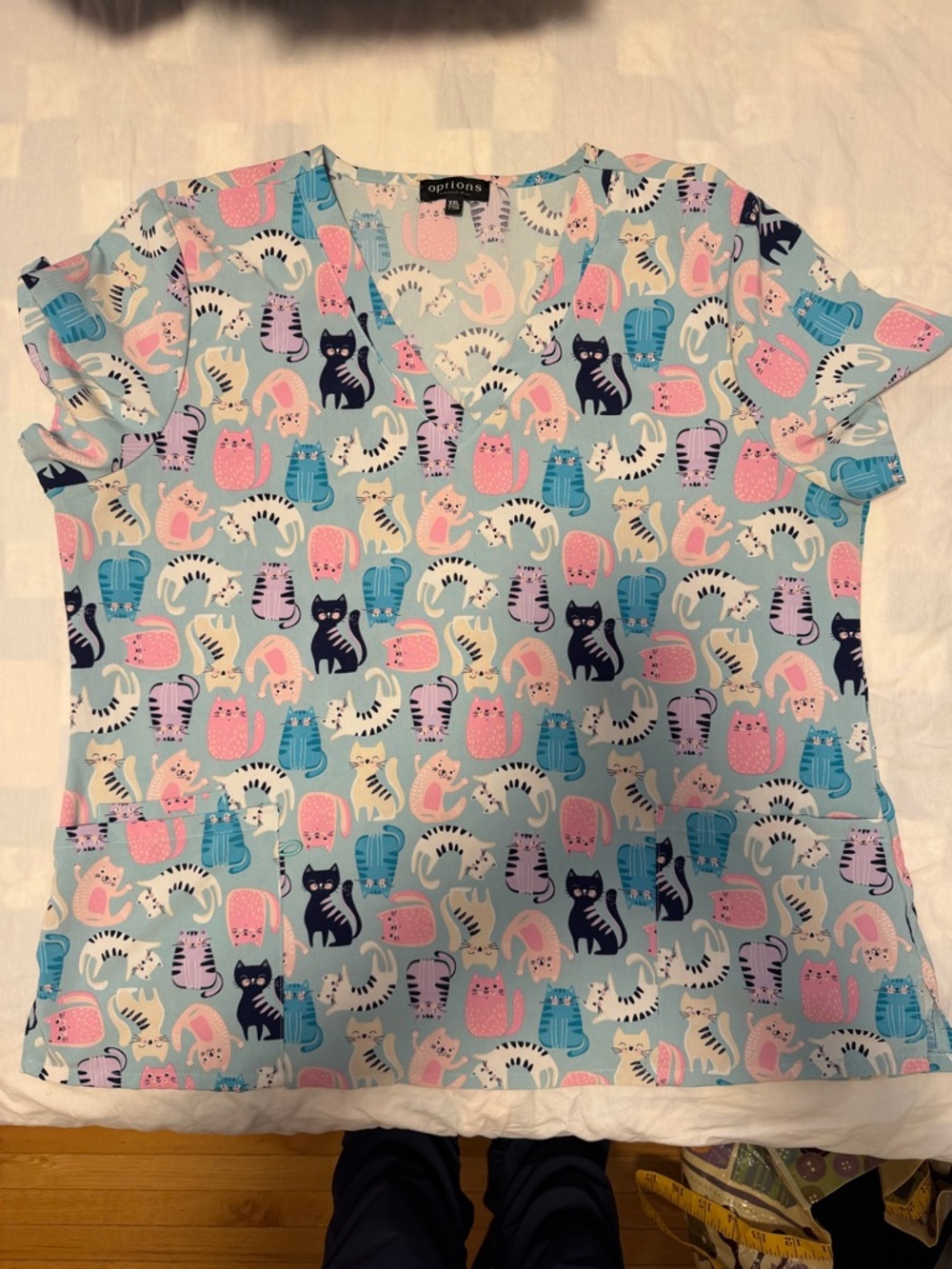 Cute Cat Print Scrub Top in Pastel Blue
